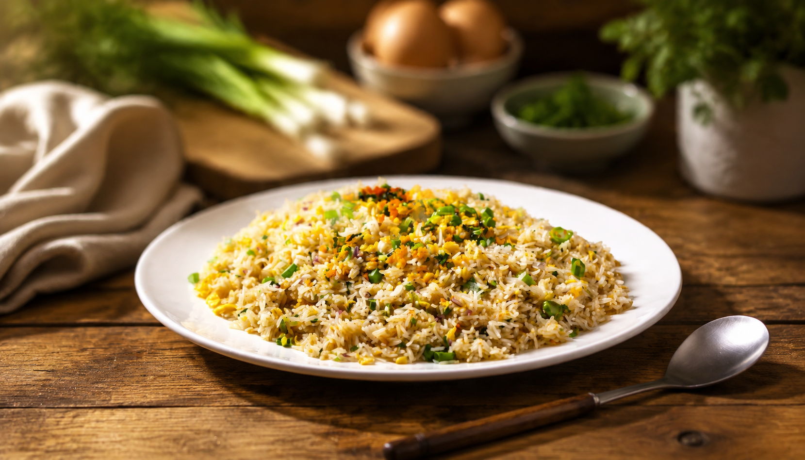 5分钟滑蛋虾仁炒饭:4食材3步搞定,粒粒分明不粘锅